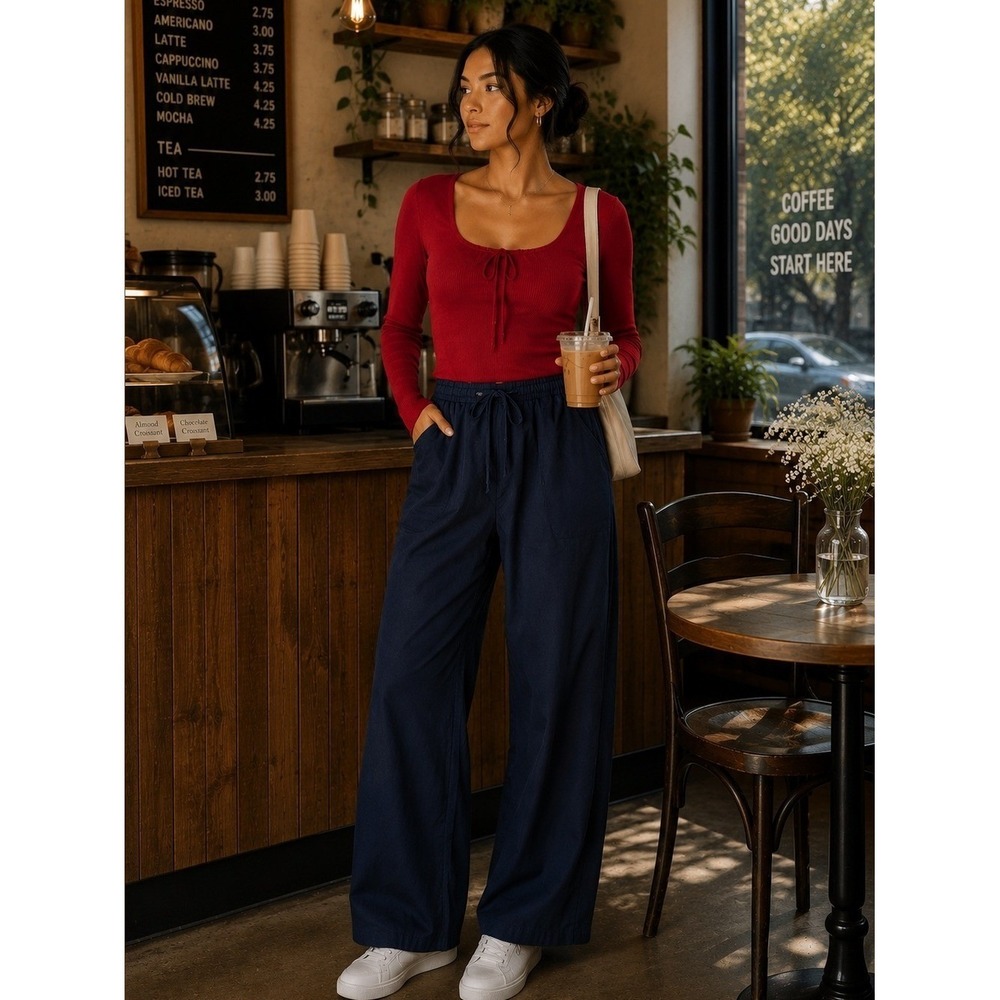 Hippie Rose Dark Navy Wide Leg Drawstring Pants W34" L29" NEW